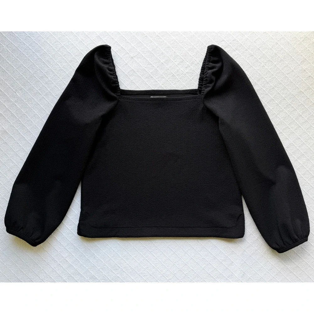 Madewell Crepe Square-Neck Puff-Sleeve Top Black Long Sleeve Romantic‎ Womens XS